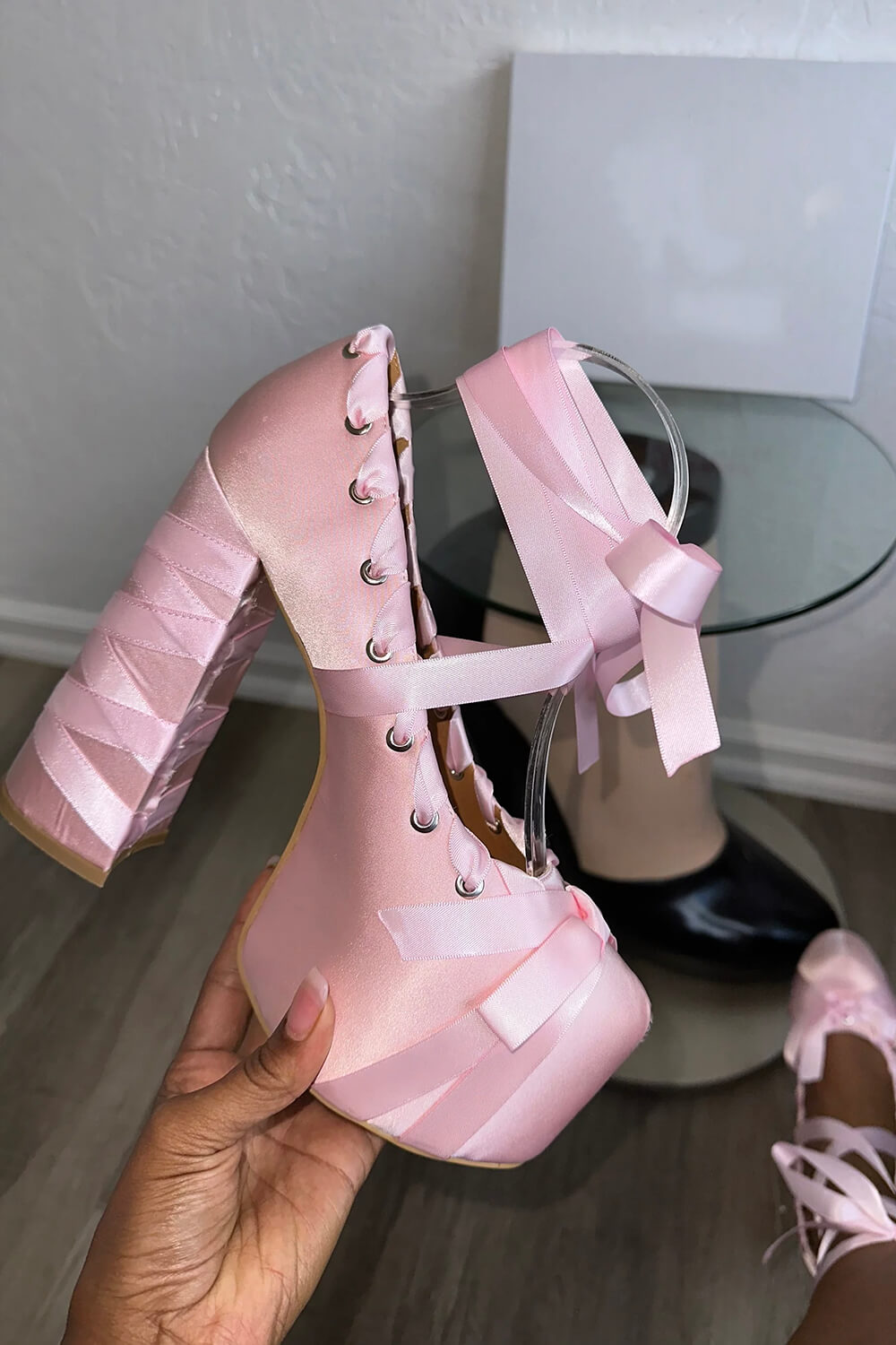 Ballerina Ribbon Wrap Around Lace Up Platforms Heels - Pink