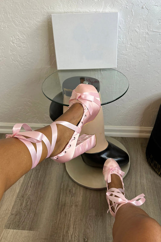 Ballerina Ribbon Wrap Around Lace Up Platforms Heels - Pink