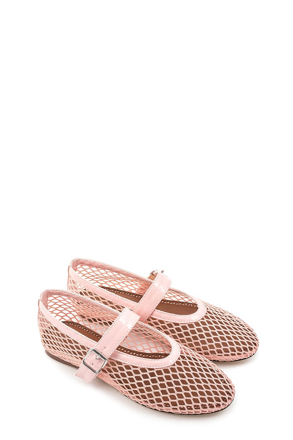 Faux Patent Leather Fishnet Mesh Ballet Flats - Pink