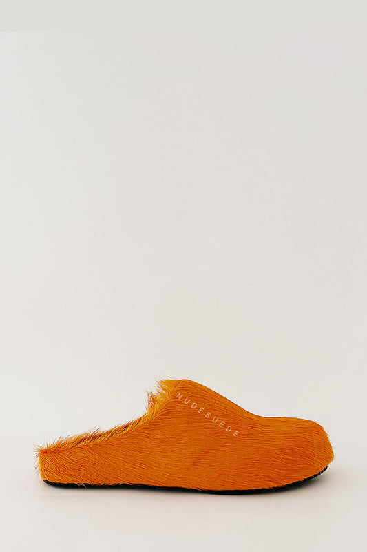 Long Hair Calf Leather Fussbett Slip-On Flat Clog - Orange