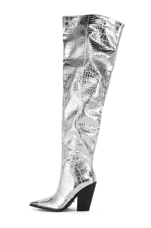 Metallic Silve Croc Western Knee High Block Heeled Boots