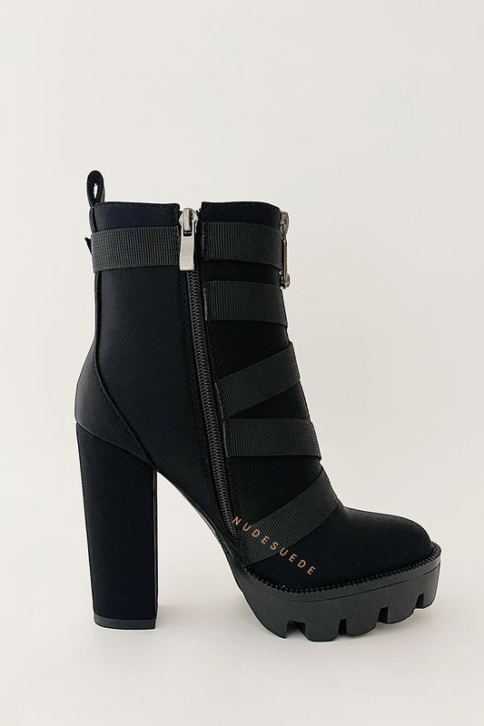 Black Zip Chunky Buckle Platform Ankle Boots