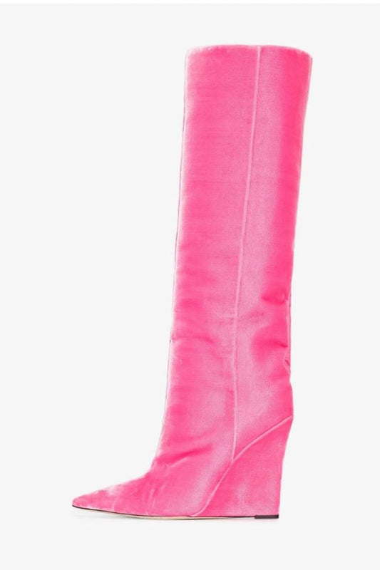 Velvet Sharp Pointed Toe Knee High Wedge Boot - Hot Pink