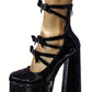 Black Patent Strappy Bow Round Toe Platform Mary Jane Heels