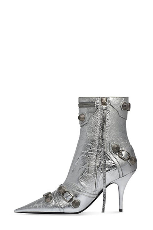 Metallic Pointed Toe Ankle Stiletto Boots With Studs And Pin Buckle Strap Details - Silver