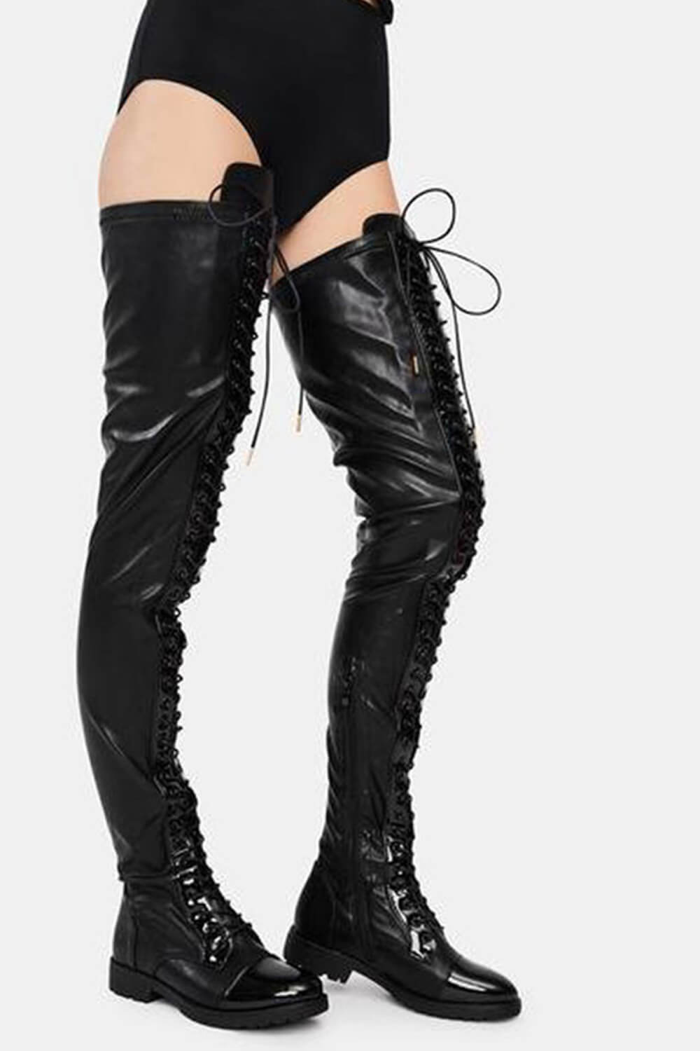 Black thigh high hotsell flat boots faux leather