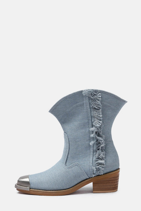 Denim Chain-Link Fringe Ankle Western Cowboy Boots With Square Toe And Hardware Detail - Blue