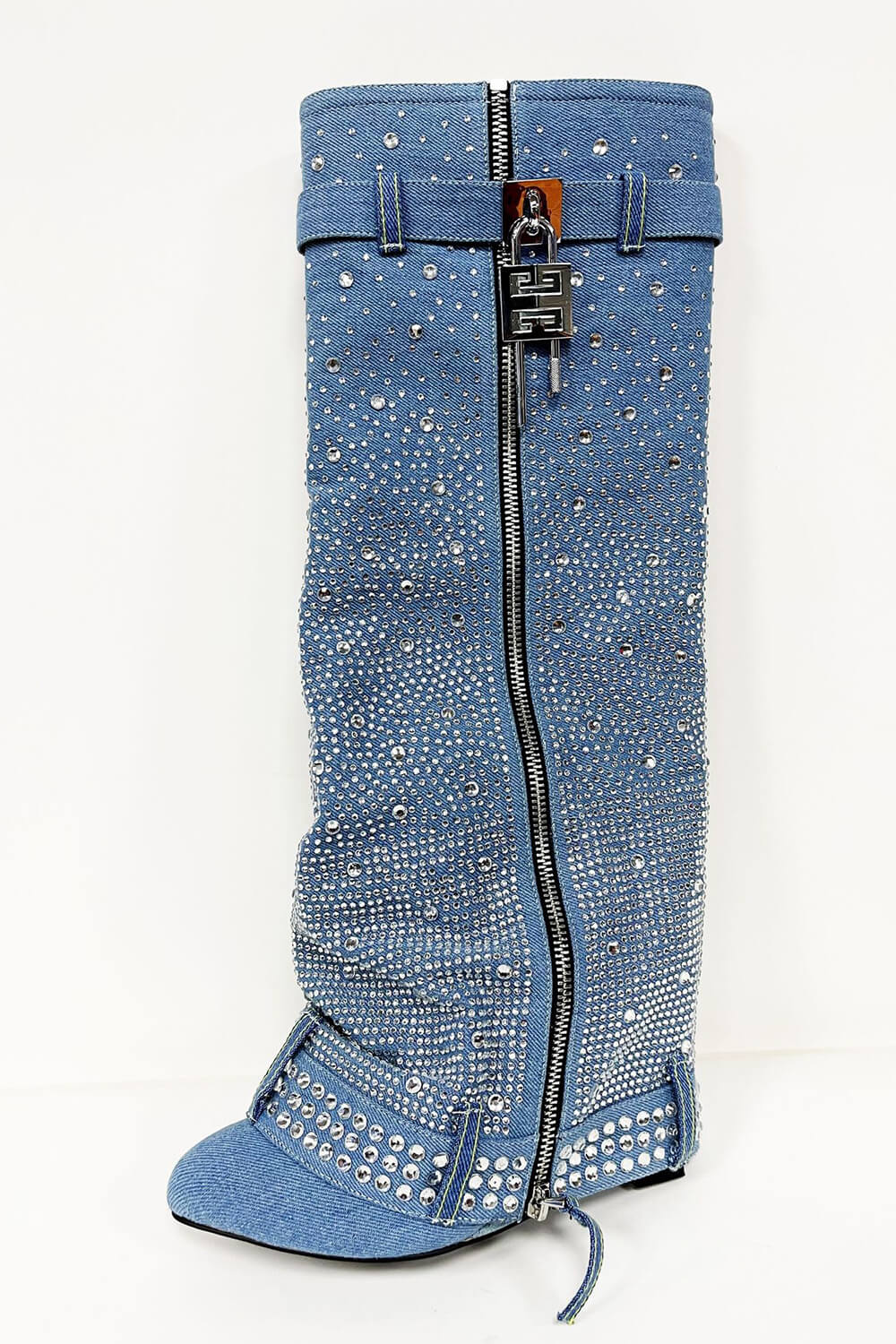 Rhinestone Embellished Denim Padlock Detail Folded Wedge Heel Knee High Boots - Light Blue