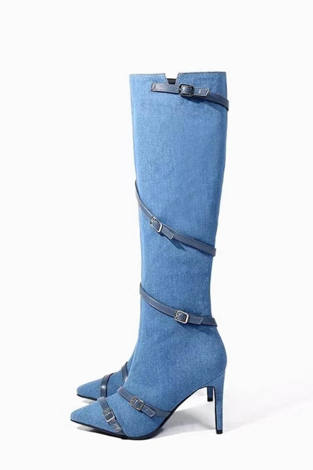 Blue Denim Strap Pointed Toe Stiletto Knee High Boots