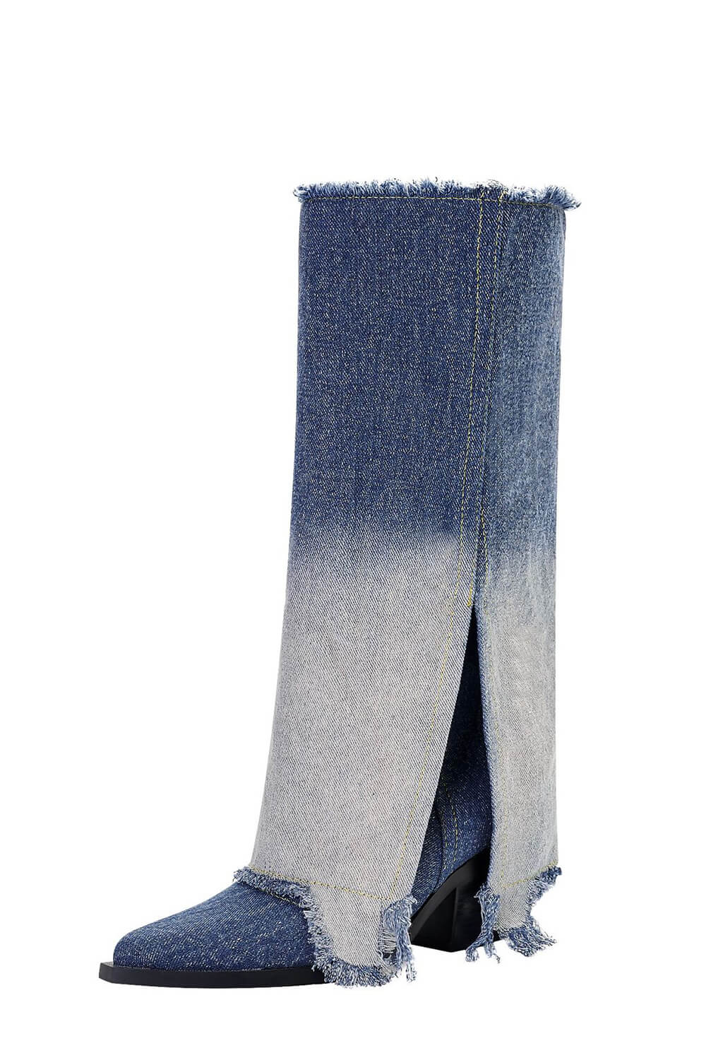 Distressed Denim Fold-Over Cuffed Western Cowboy Knee High Boots