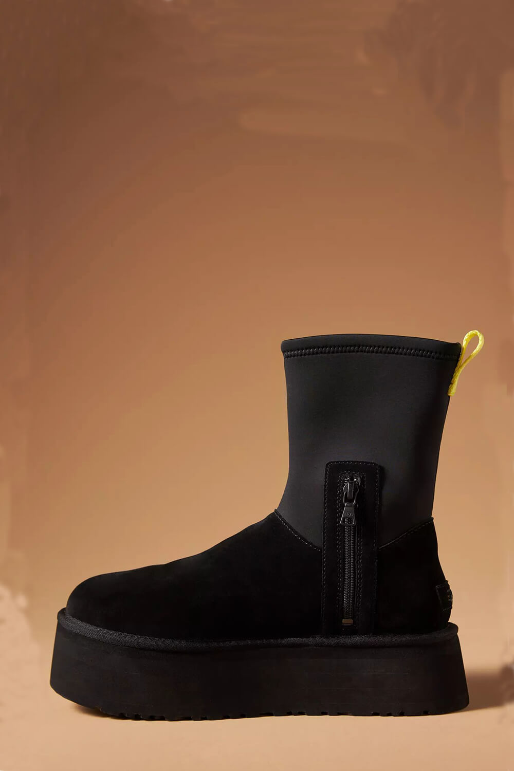 Suede Stretch Zipper Flatform Ankle Boots - Black