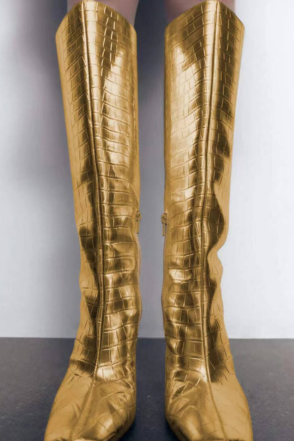 Metallic Faux Leather Square Toe Knee-High Laminated Heeled Boots